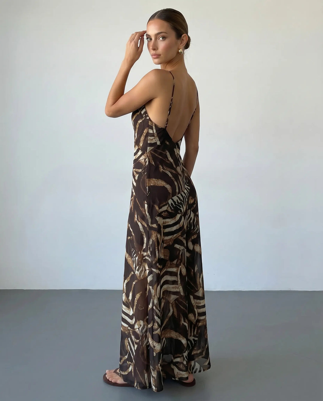 SOLACE  Brown Abstract Print Spaghetti Strap Maxi Dress 