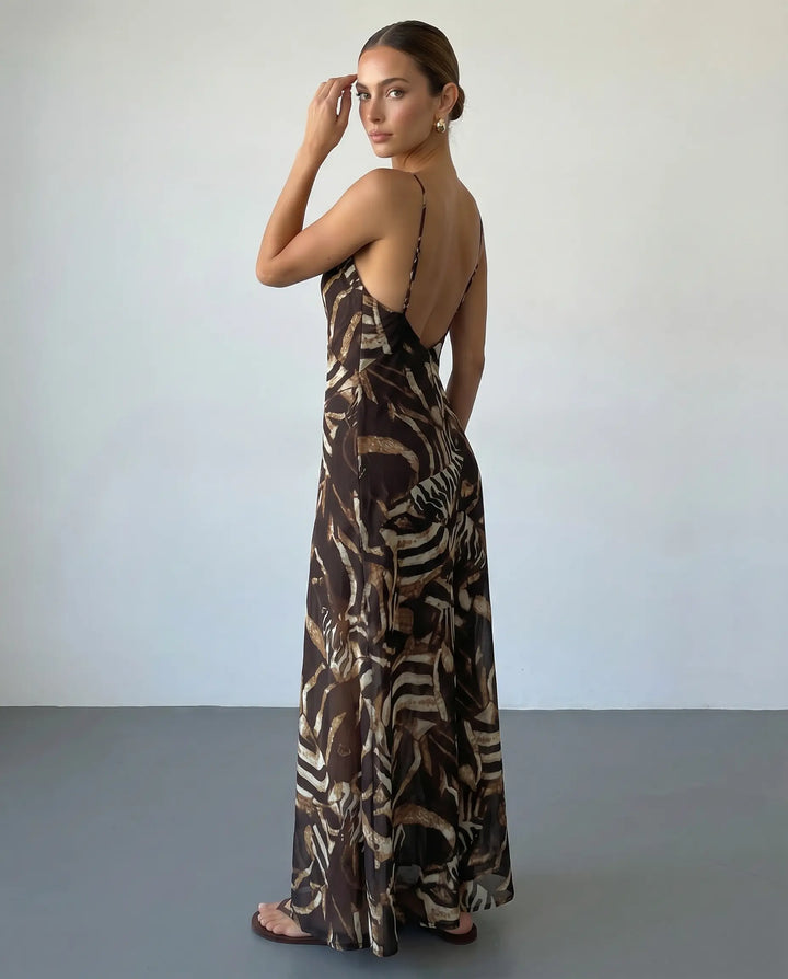 SOLACE  Brown Abstract Print Spaghetti Strap Maxi Dress 