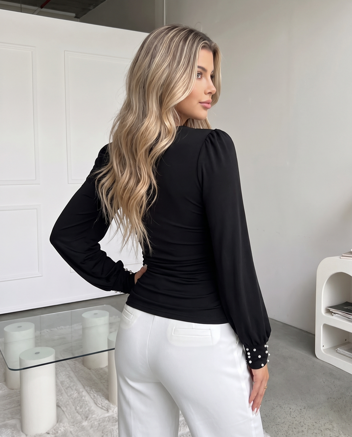 Pearl Beaded V‑Neck Lantern Long Sleeve Slim T-Shirts