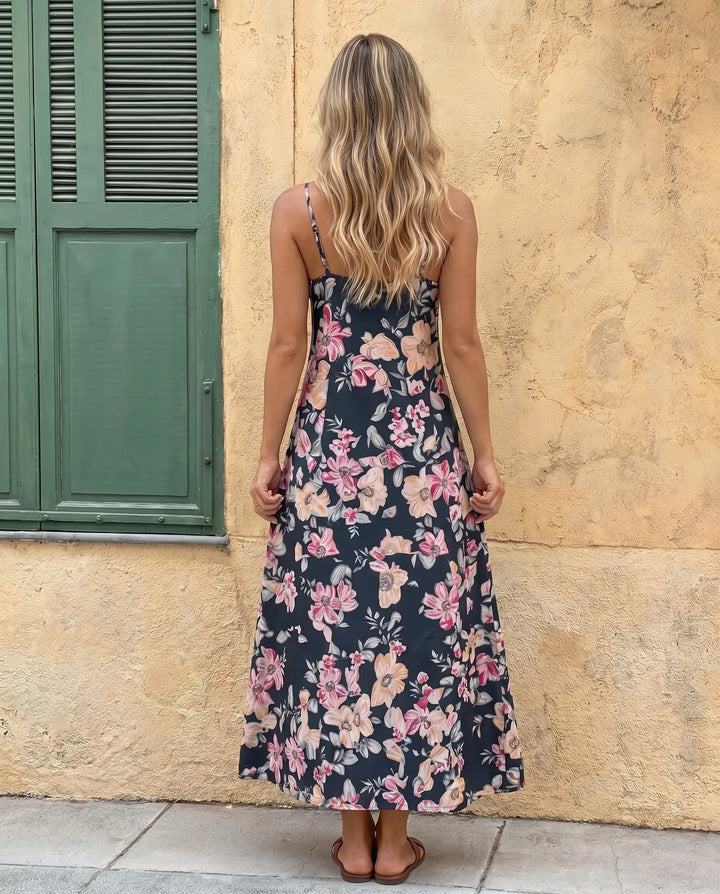 SOLACE  Dark Floral Print V-Neck Spaghetti Strap Maxi Dress 
