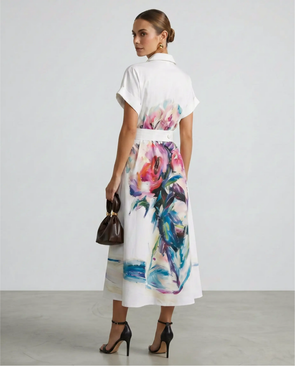 SOLACE  White Floral Print Shirt Style Midi Dress 