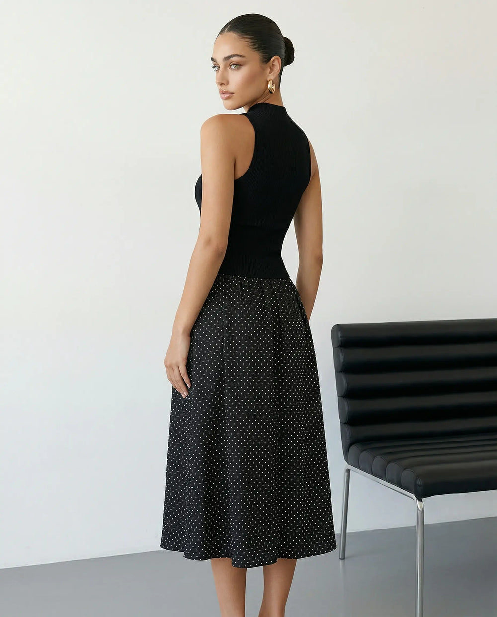 SOLACE  Black Polka Dot Sleeveless Knit Top and Skirt Midi Dress 