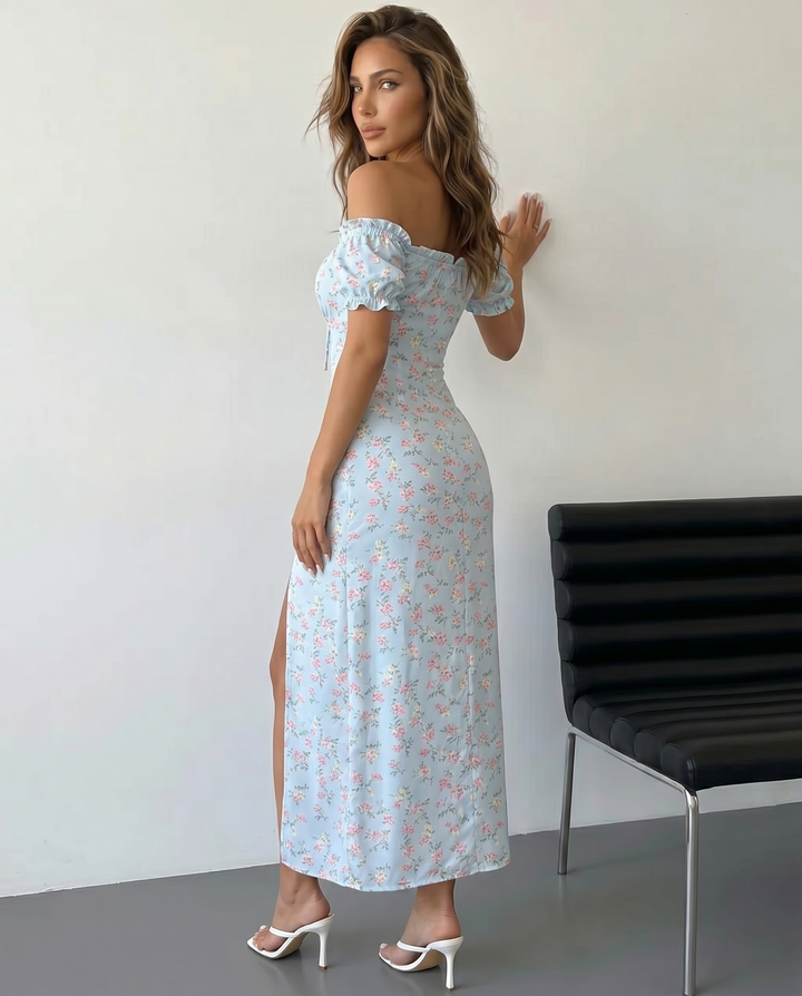 SOLACE  White Pink Floral Print Off-Shoulder Puff Sleeve High Slit Maxi Dress 