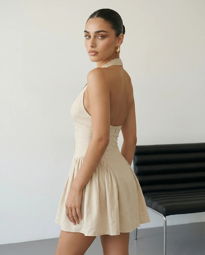SOLACE  Beige Halter Neck Linen Blend Pleated Mini Dress 