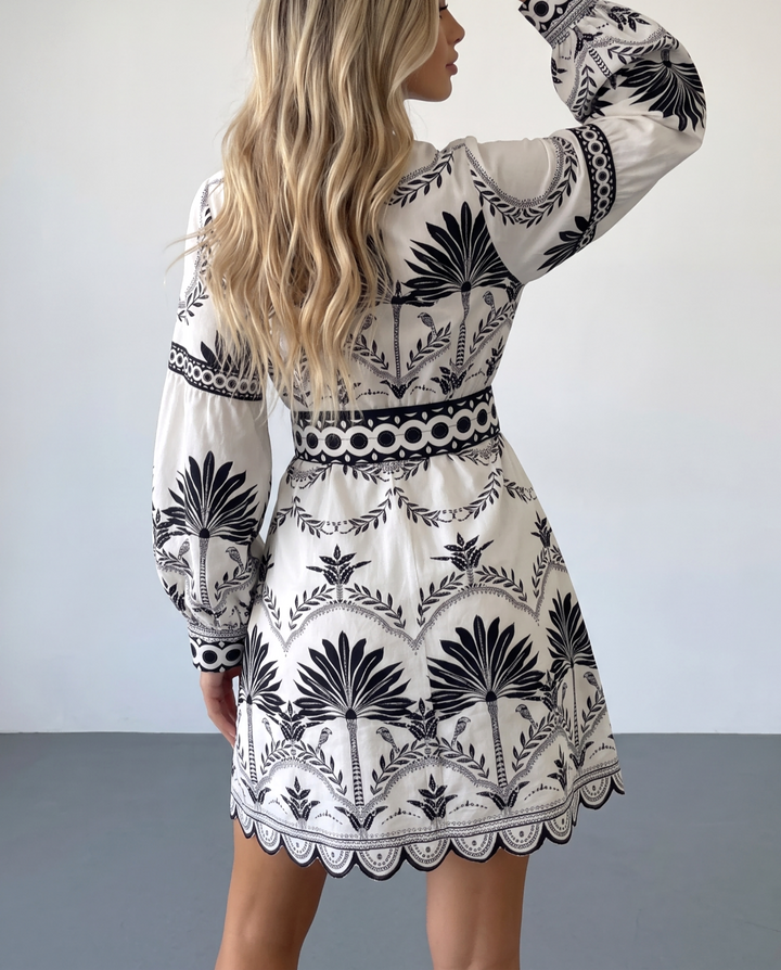 V‑Neck Plant Print Puff Sleeve Mini Dress