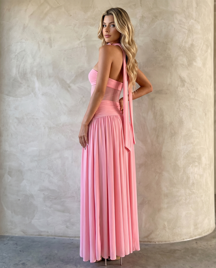 SOLACE  Pink Floral Choker Strapless High Slit Maxi Dress 