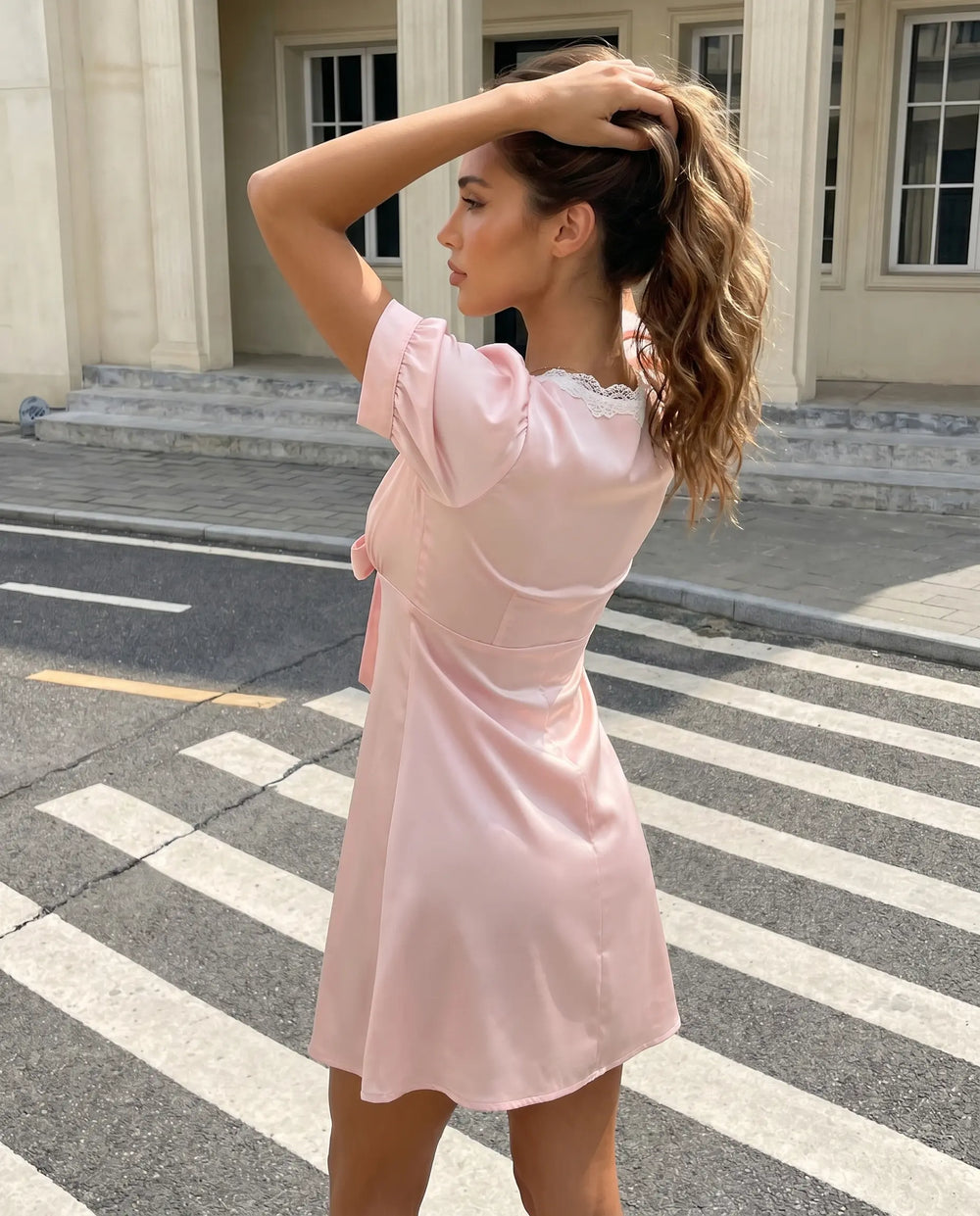 SOLACE  Pink Lace Trim Bow Front Short Sleeve Mini Dress 
