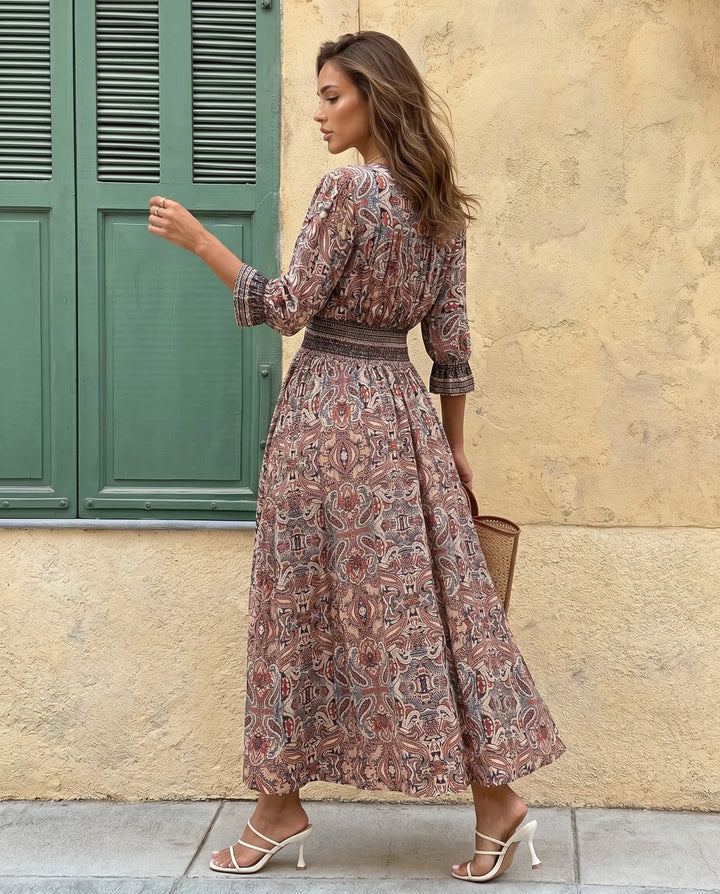SOLACE  Paisley Print V-Neck Lantern Sleeve Smocked Waist Maxi Dress 
