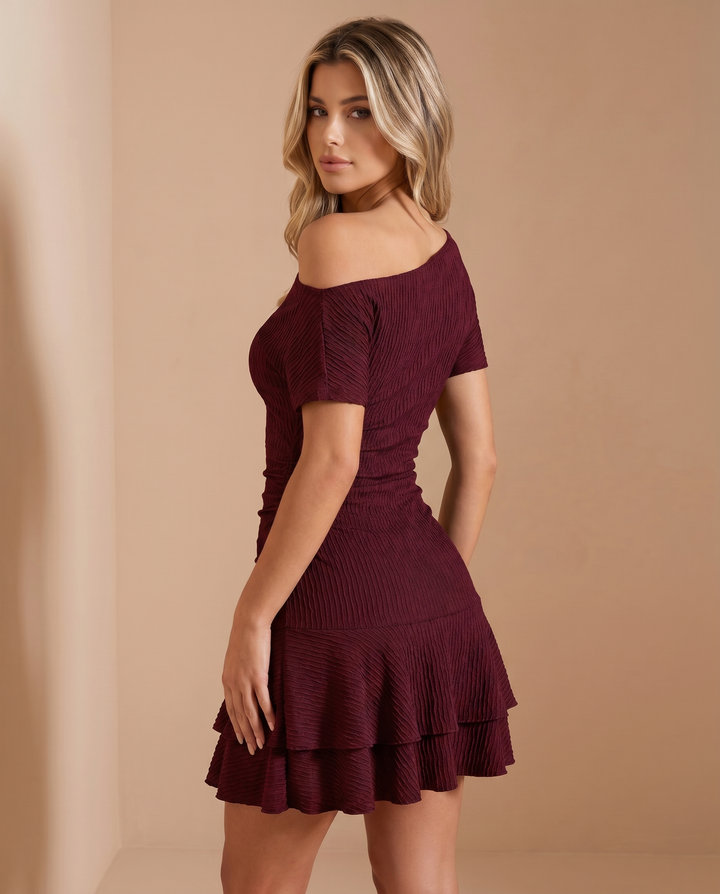 SOLACE  Black One Shoulder Ruched Tiered Ruffle Mini Dress 