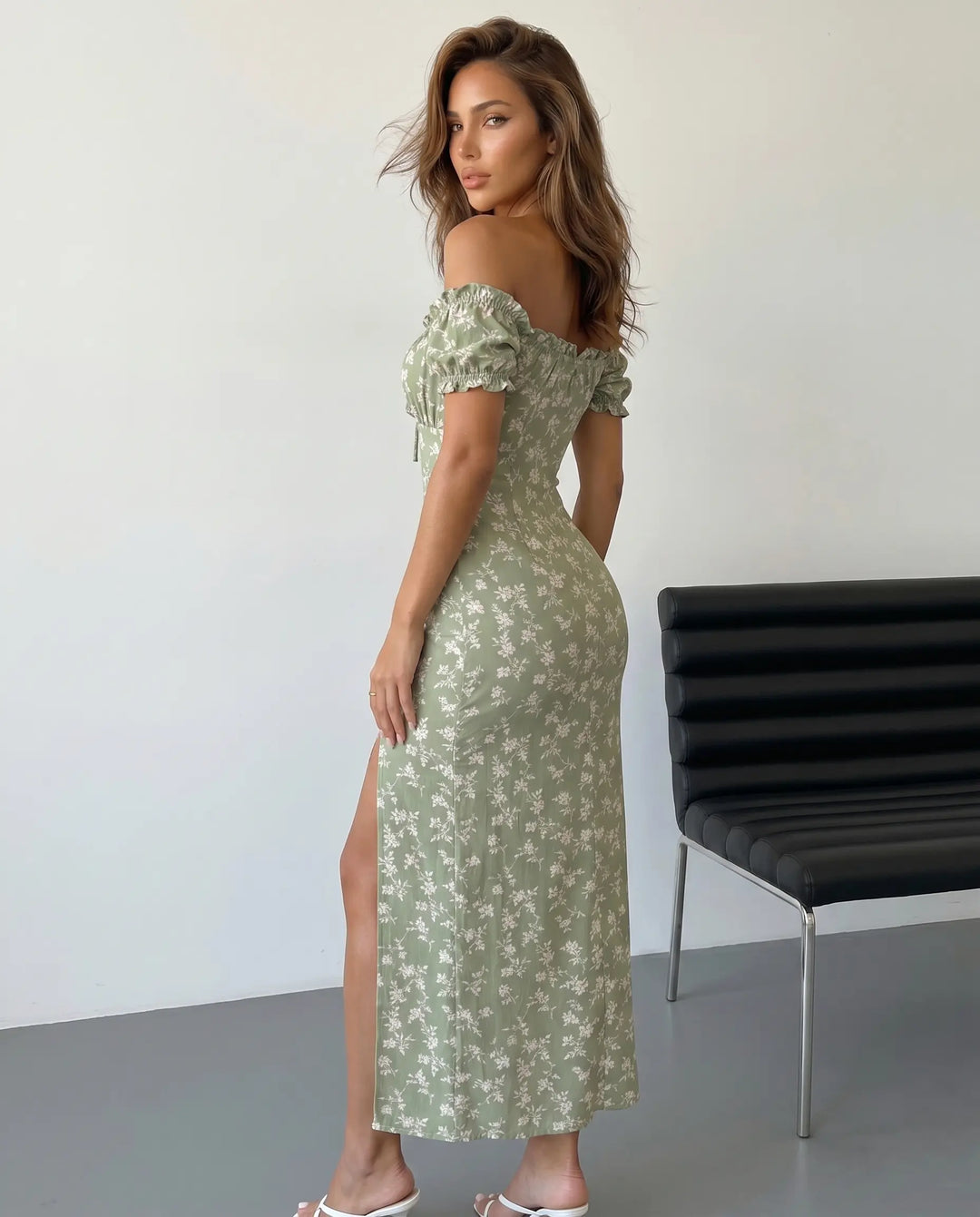 SOLACE  White Floral Print Off Shoulder Midi Dress 