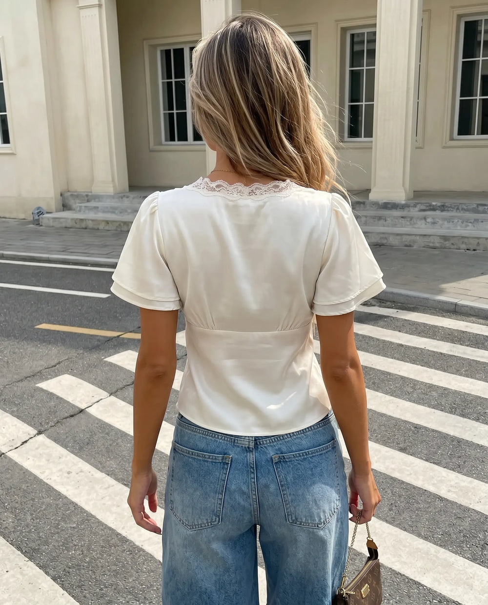 SOLACE  White Satin Lace Trim V-Neck Short Sleeve Blouse 