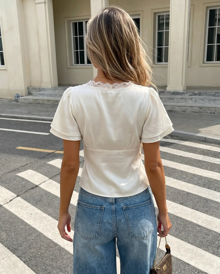 SOLACE  White Satin Lace Trim V-Neck Short Sleeve Blouse 