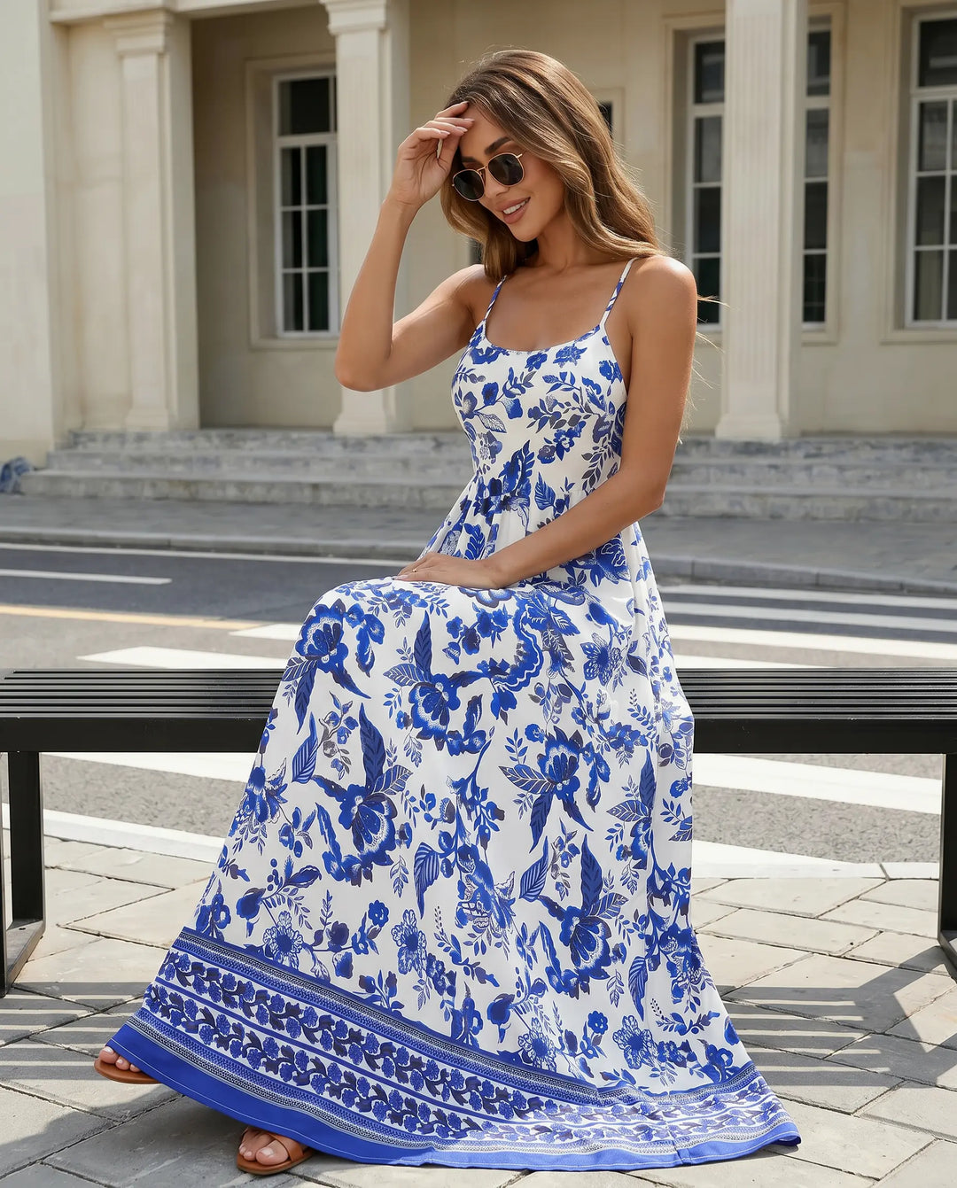 SOLACE  Blue Floral Print Spaghetti Strap Maxi Dress 