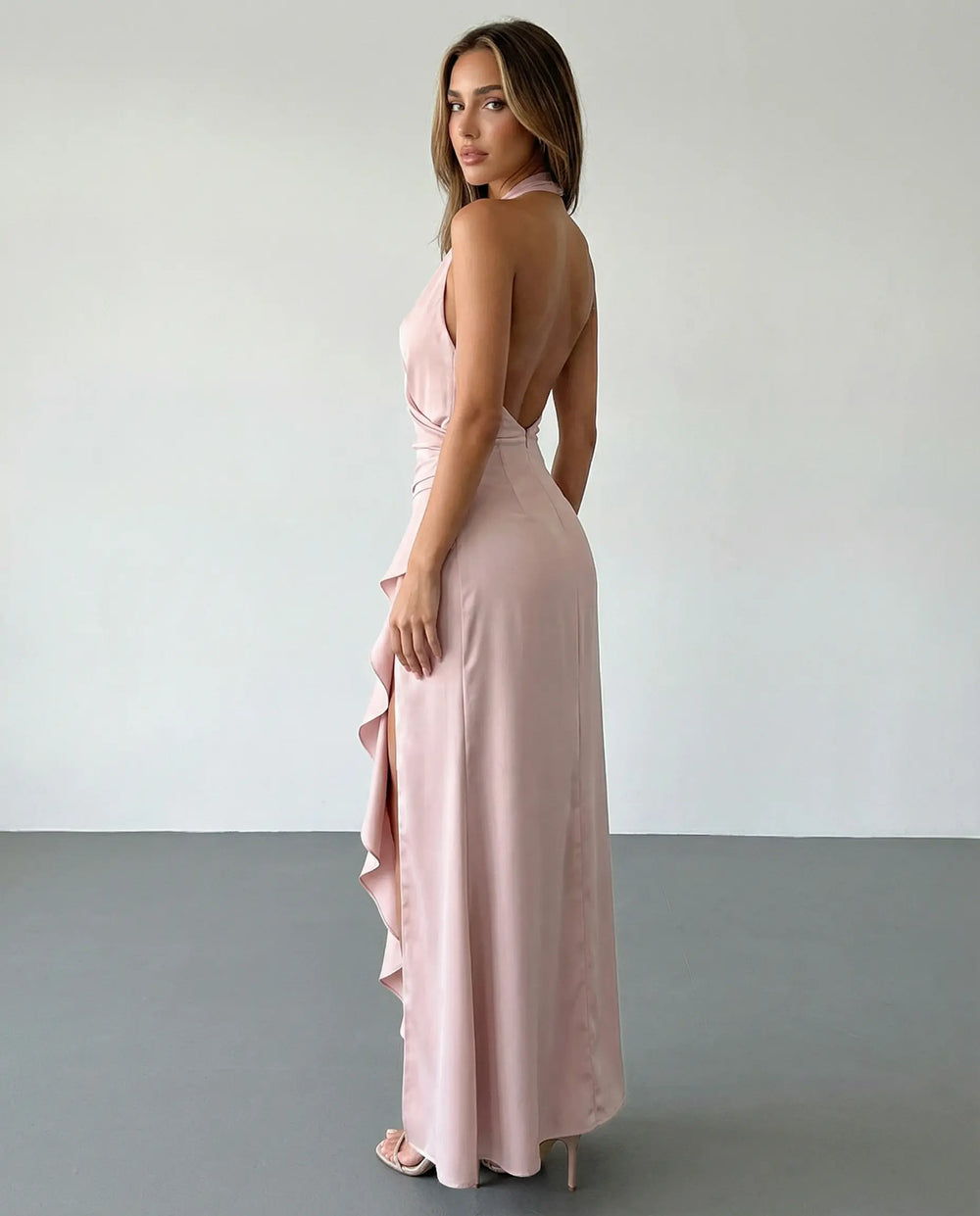 SOLACE  Pink Satin Halter Neck High Slit Maxi Dress 