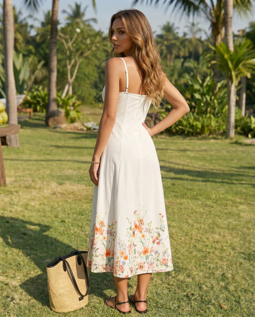 SOLACE  White Floral Print Hem Corset Spaghetti Strap Midi Dress 