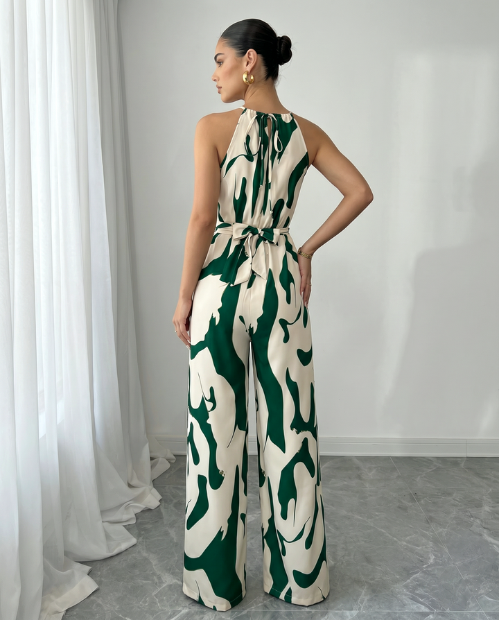 SOLACE  Halter Neck Abstract Print Wide Leg Jumpsuit 
