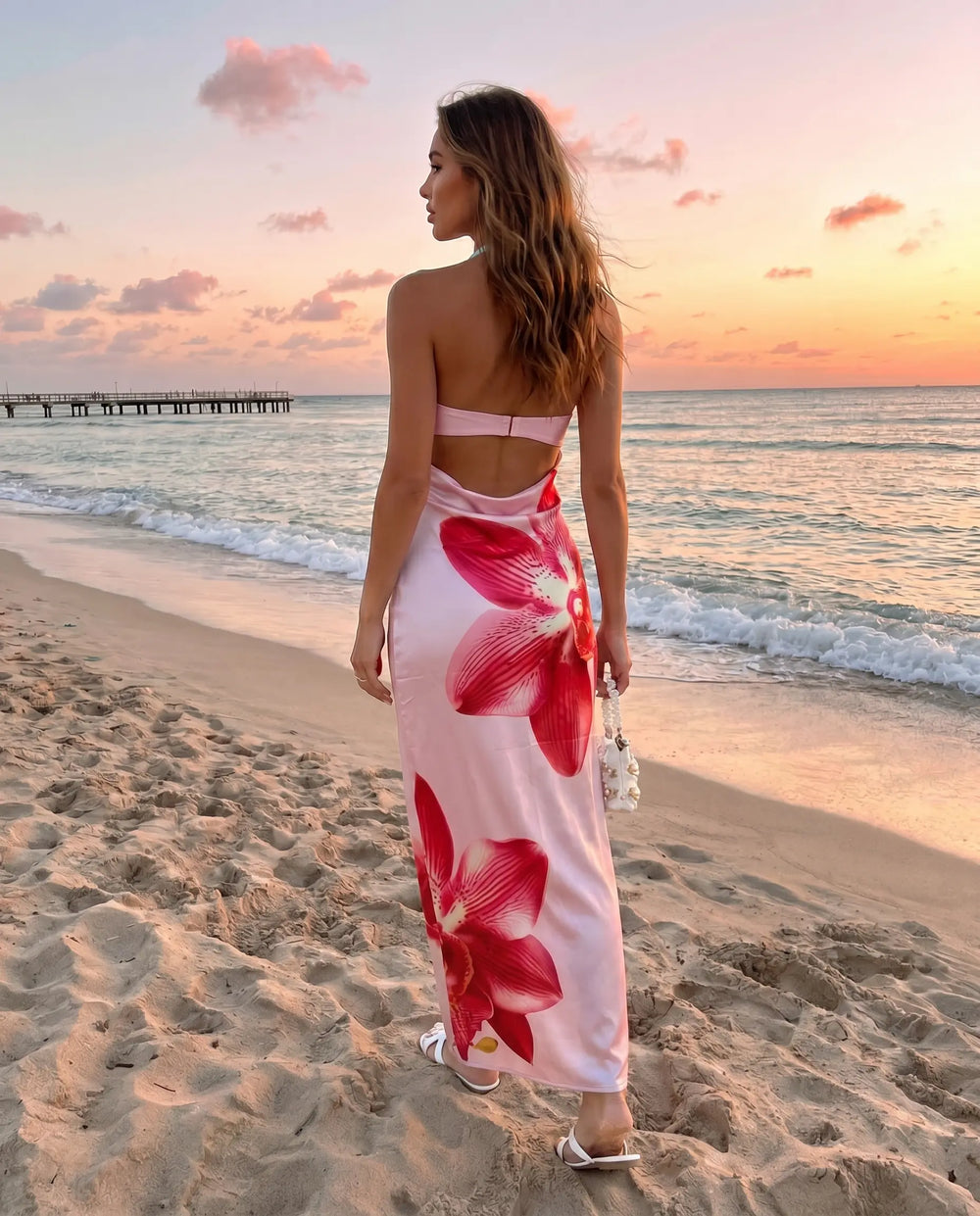 SOLACE  Pink Orchid Print Strapless Satin Maxi Dress 