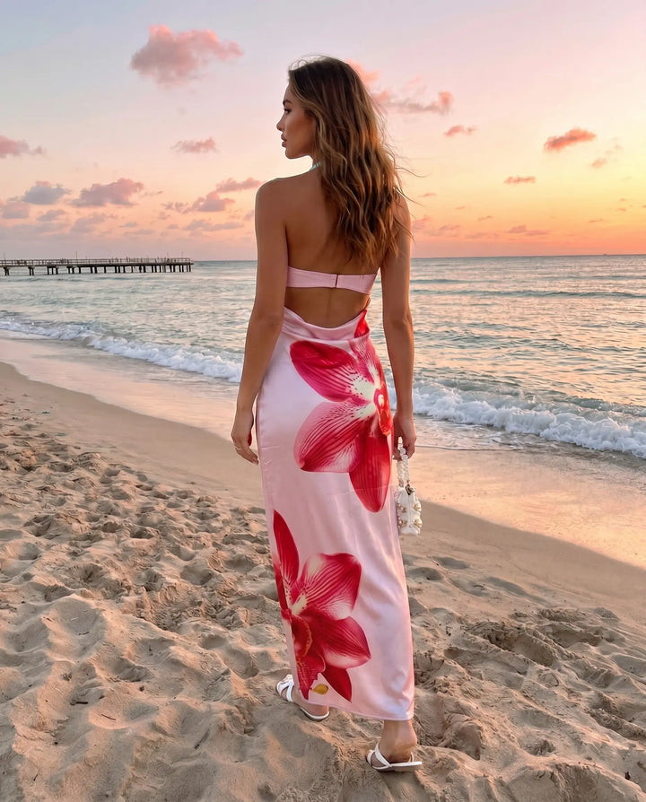SOLACE  Pink Orchid Print Strapless Satin Maxi Dress 