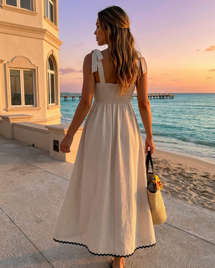 Beige Smocked Bodice Textured Fit and Flare Midi Dress