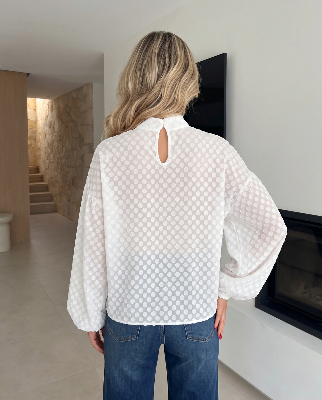 Bow Neck Jacquard Polka Dot Puff Sleeve Blouse