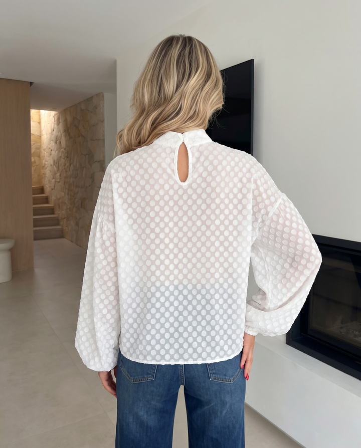 Bow Neck Jacquard Polka Dot Puff Sleeve Blouse