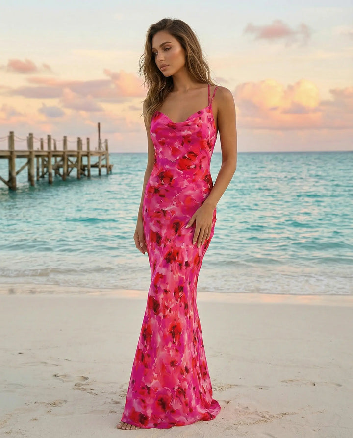SOLACE  Red Floral Print Cowl Neck Spaghetti Strap Bodycon Maxi Dress 