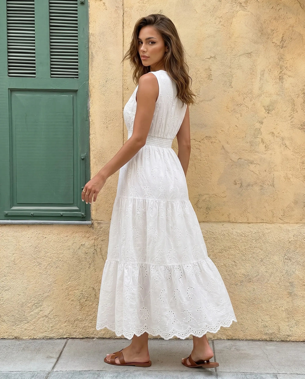 SOLACE  White Eyelet Embroidery Sleeveless Tiered Maxi Dress 