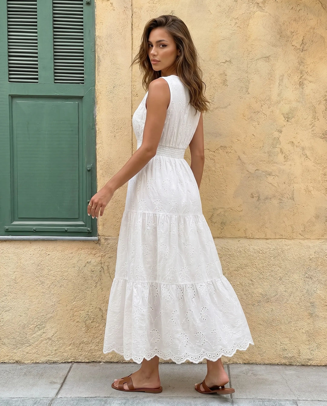 SOLACE  White Eyelet Embroidery Sleeveless Tiered Maxi Dress 