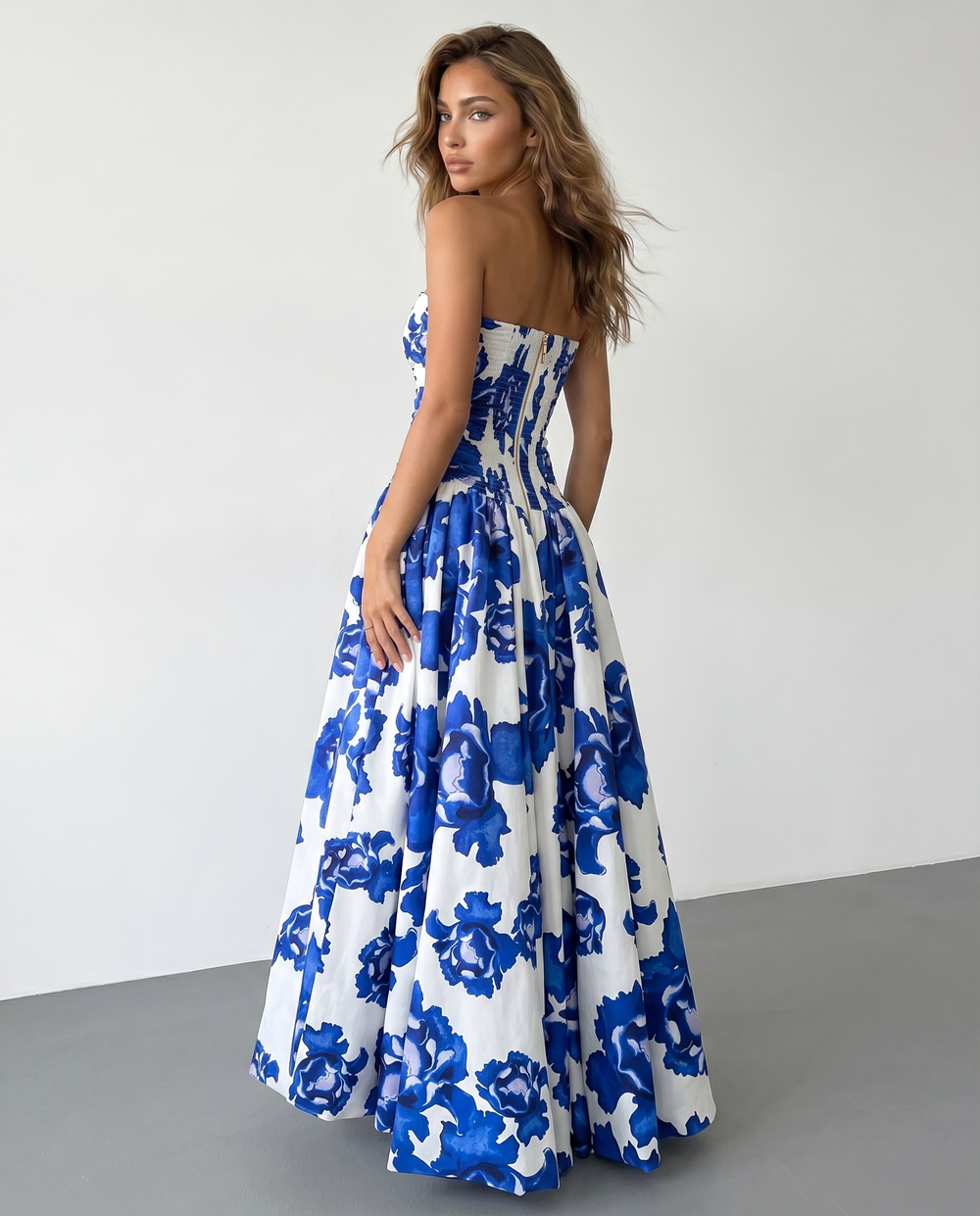 SOLACE  White Blue Floral Strapless Slim Fit Maxi Dress 