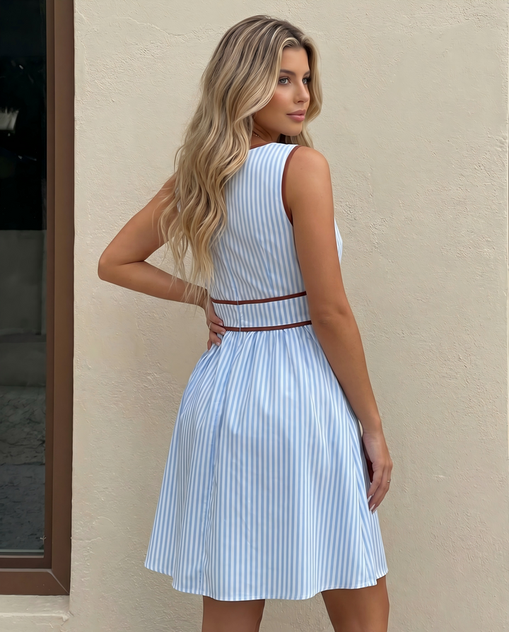 SOLACE  Blue White Stripe Cutout Sleeveless Skater Mini Dress 