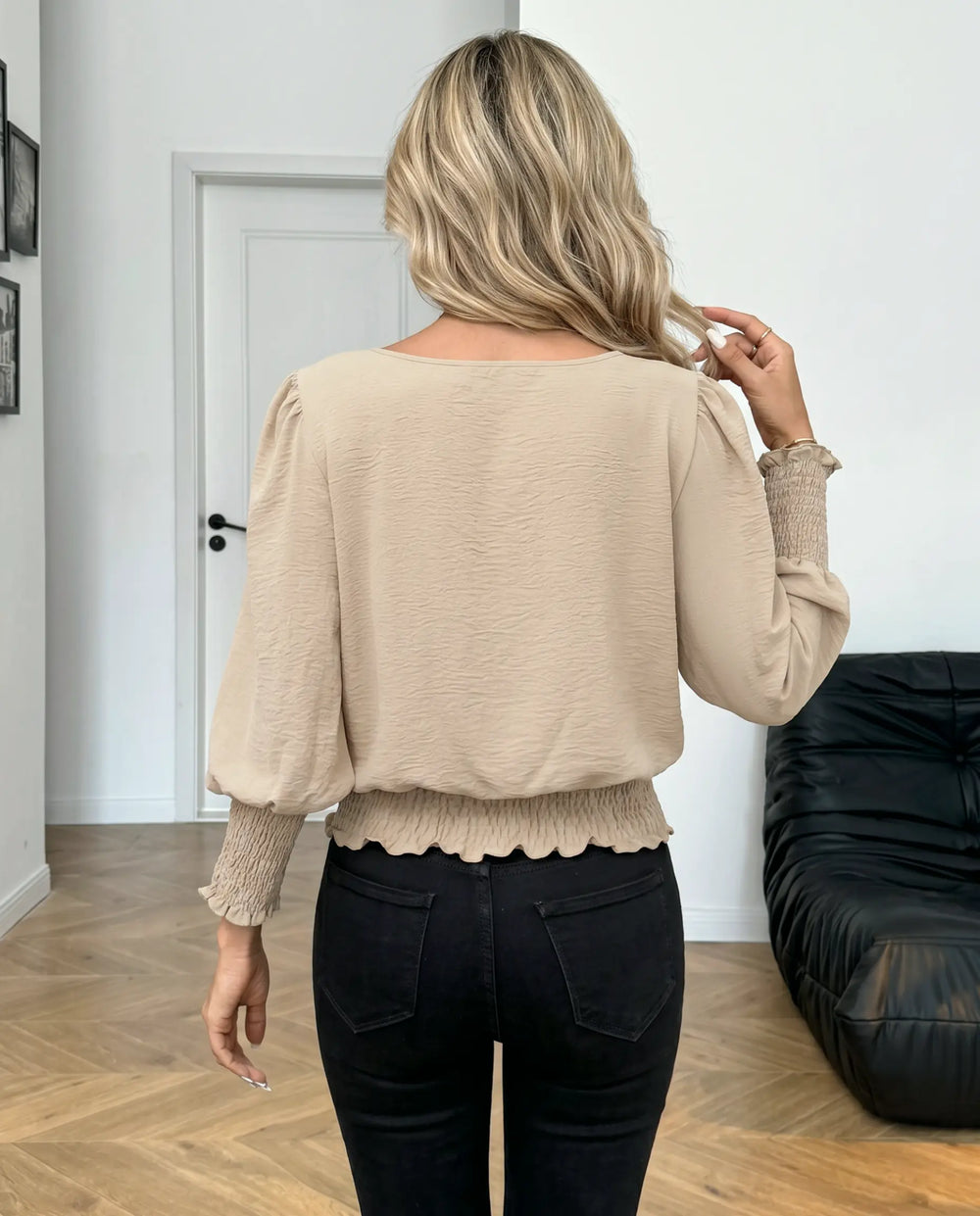 SOLACE  Beige Round Neck Puff Sleeve Smocked Blouse 