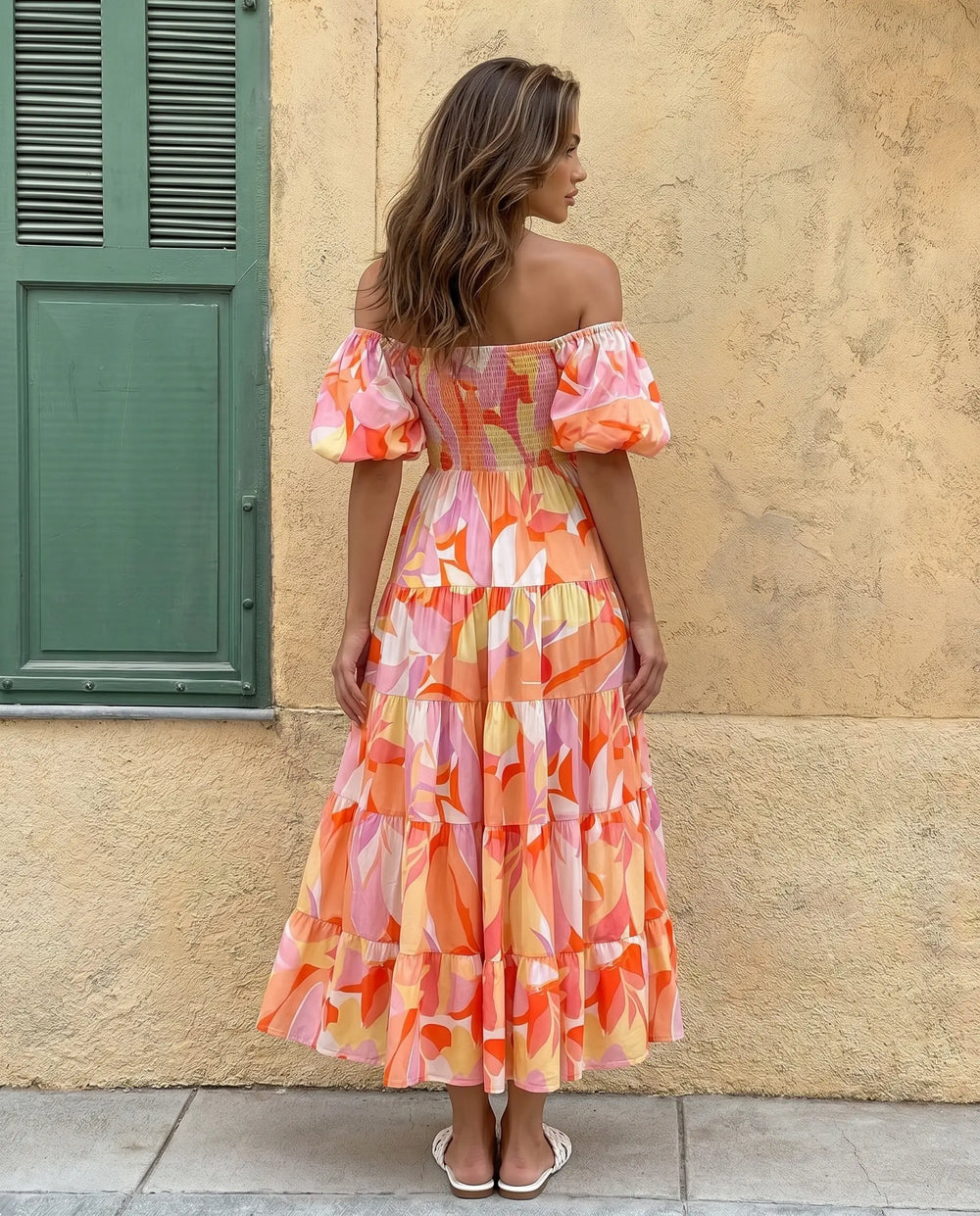 SOLACE  Floral Print Off Shoulder Puff Sleeve Tiered Maxi Dress 
