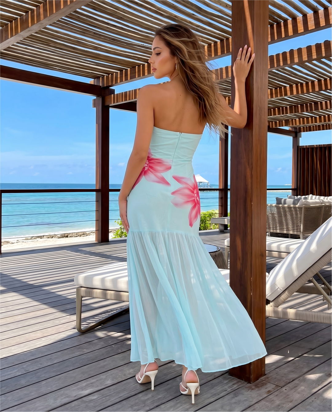SOLACE  Light Blue Floral Asymmetrical Chiffon Maxi Dress 