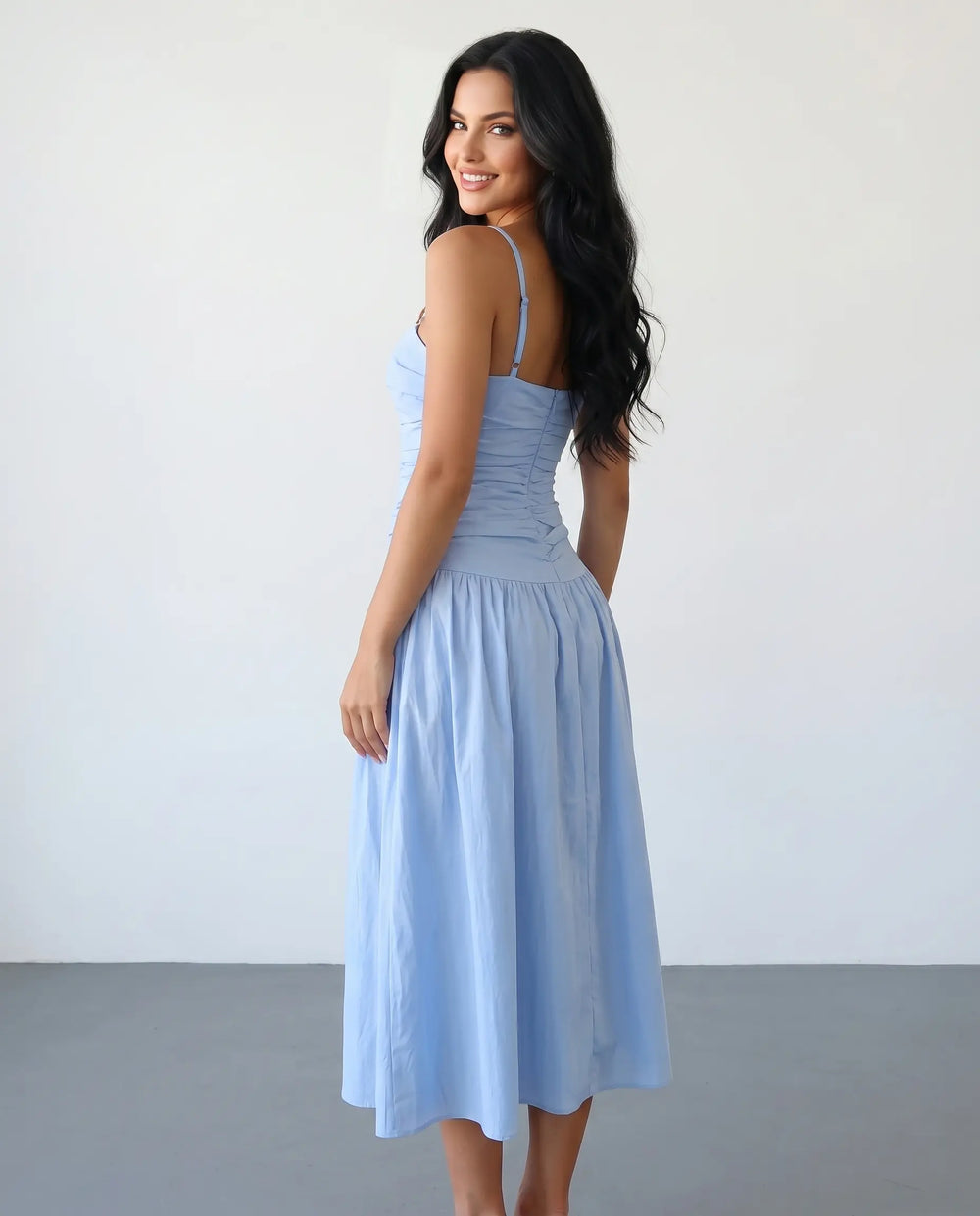 SOLACE  Light Blue Ruched Spaghetti Strap Midi Dress 