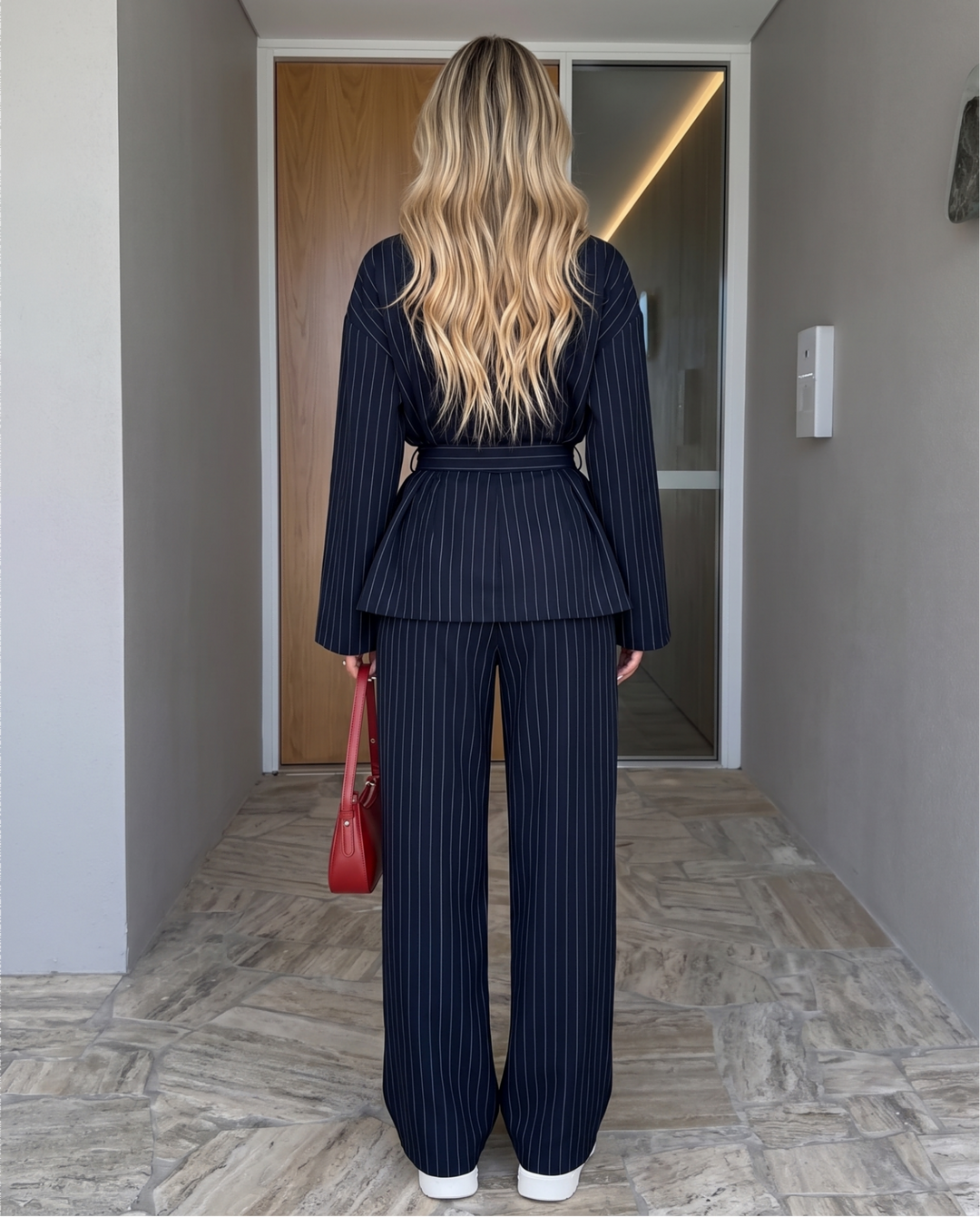 Belted Wrap Blazer Striped Wide Leg Two Piece Set