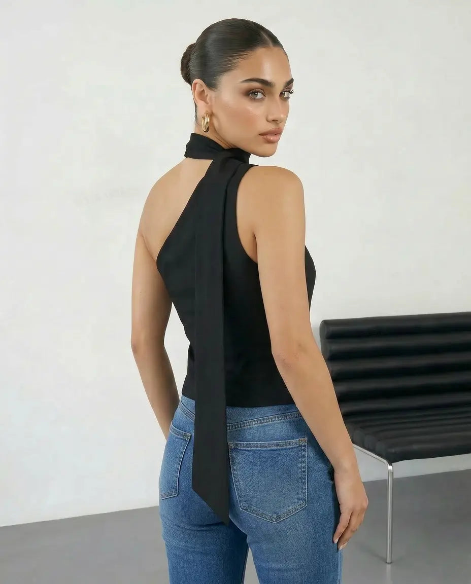 SOLACE  Black Asymmetrical One Shoulder Neck Tie Blouse 