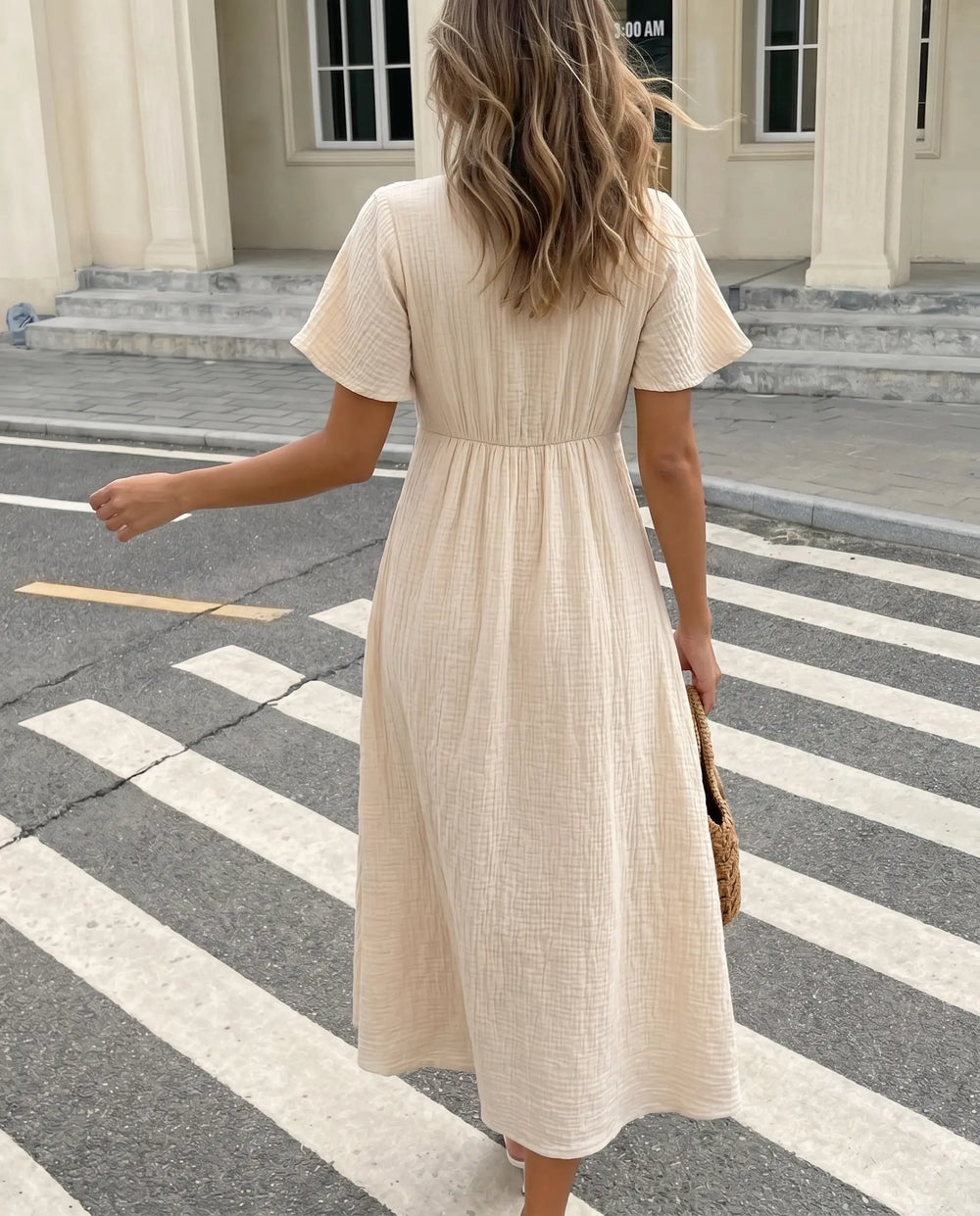 SOLACE  Beige Tie Front Textured Fabric Relaxed Midi Dress 