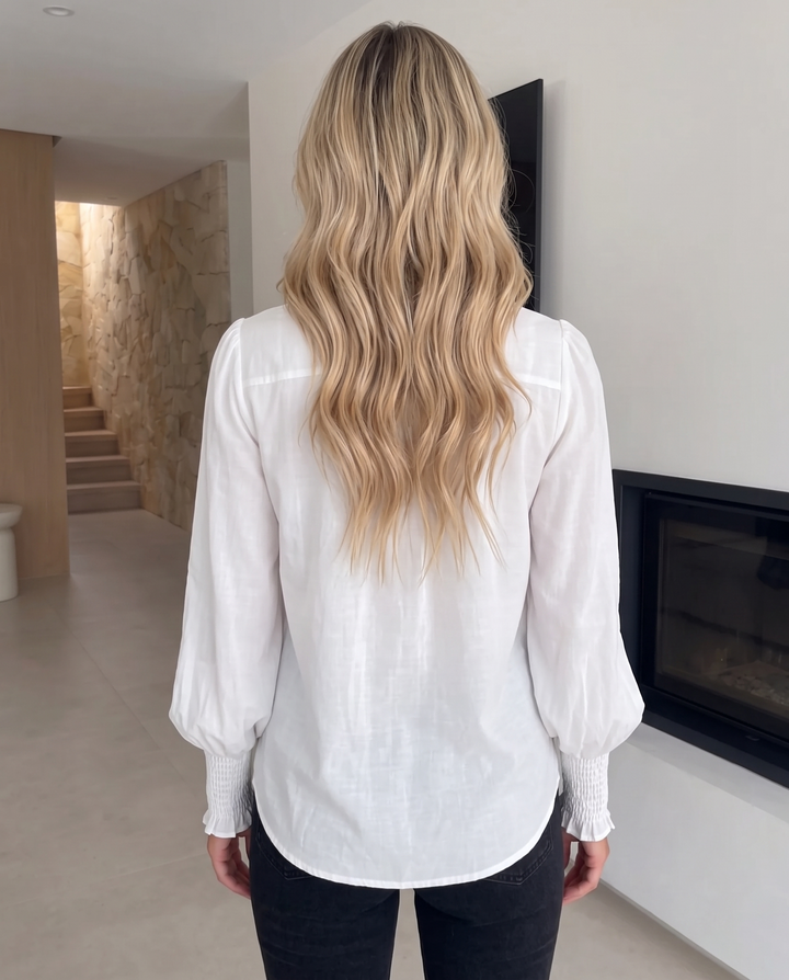 Lace Panel Puff Sleeve Collared Blouse