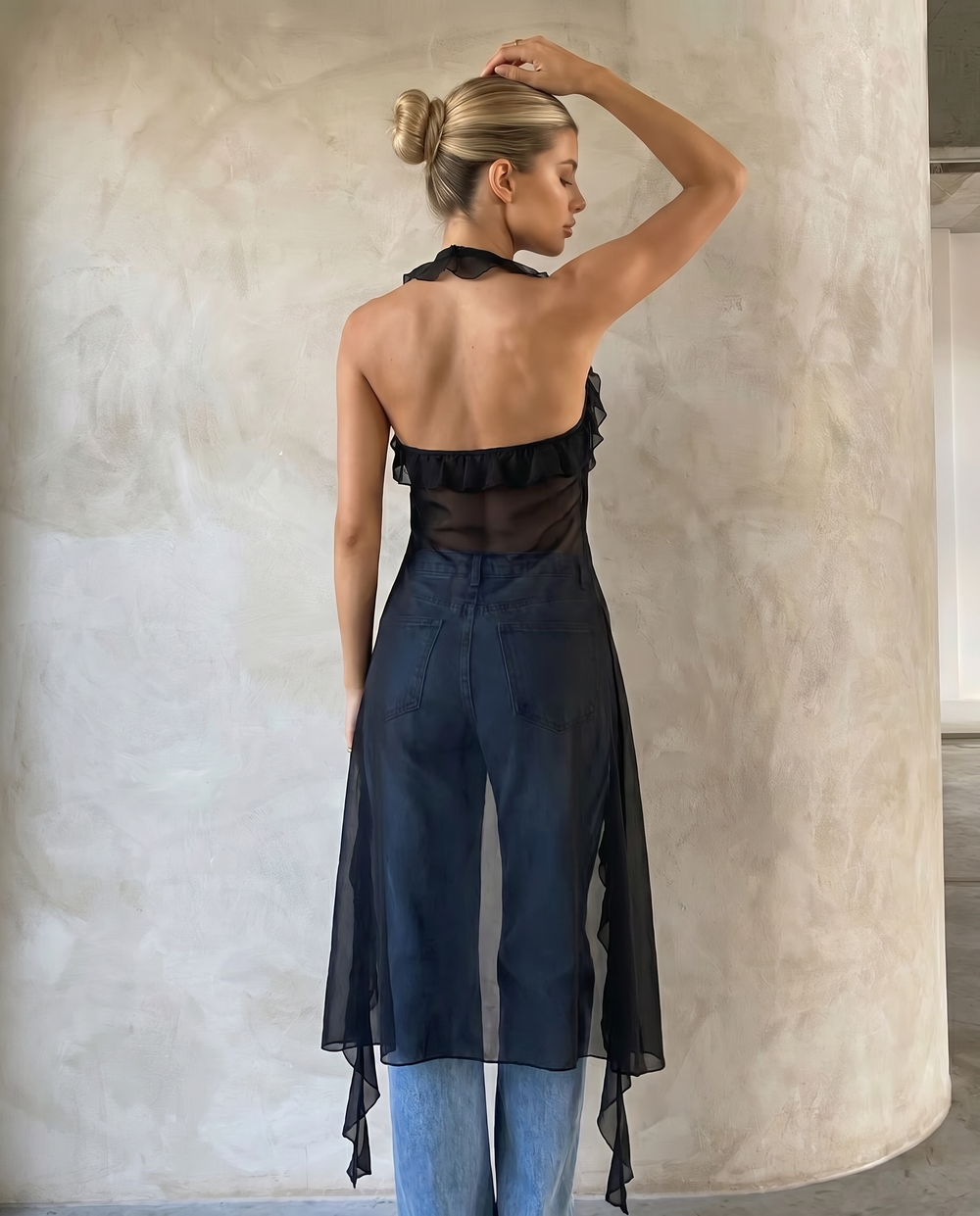 SOLACE  Black Sheer Ruffled Halter Neck Longline Top 