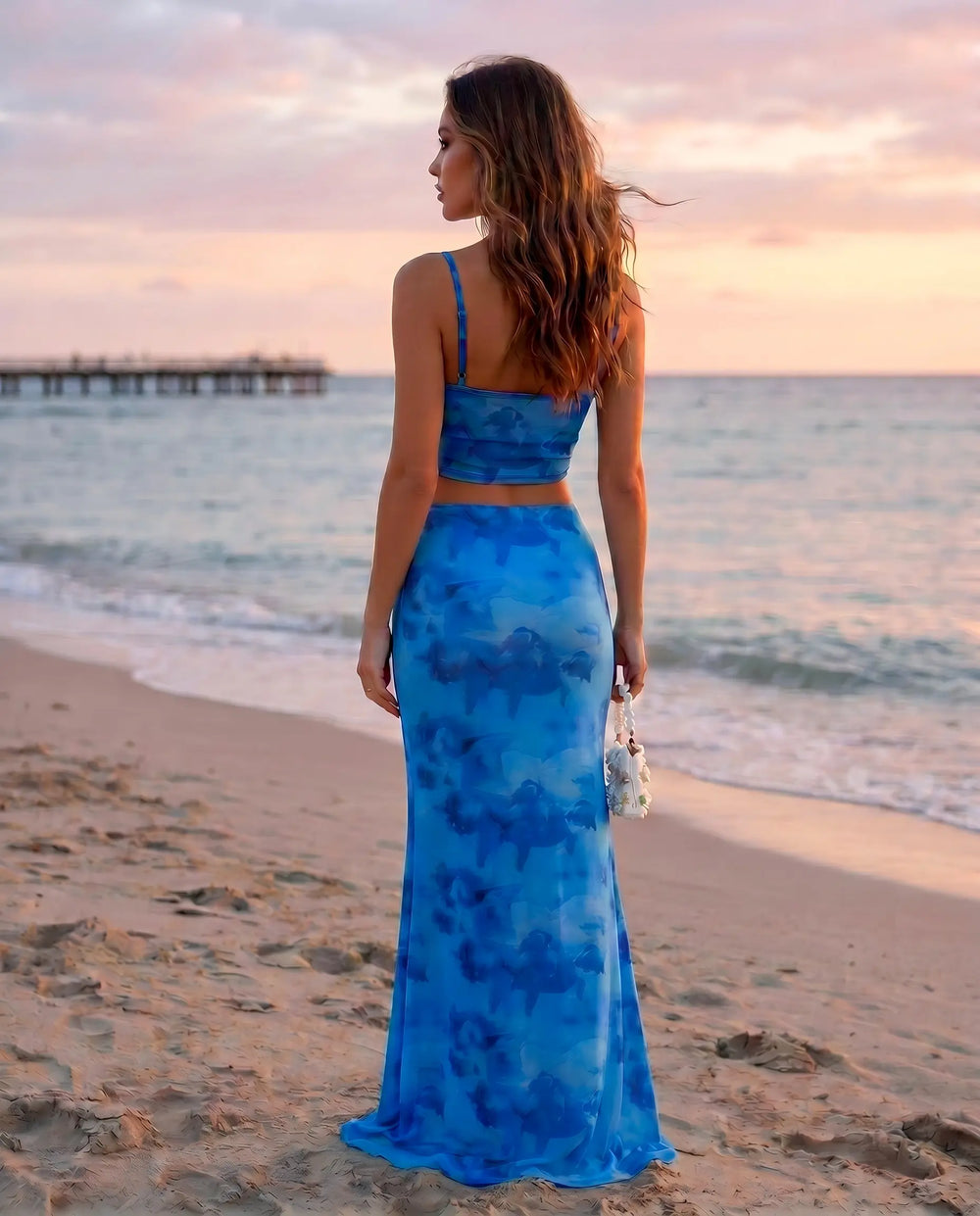 SOLACE  Blue Floral Print Cami Top And Maxi Skirt Two-Piece Set 