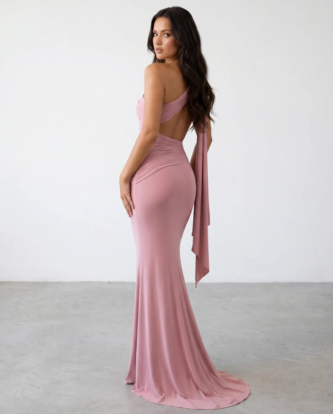 SOLACE  Pink One Shoulder Ruched Open Back Mermaid Maxi Dress 