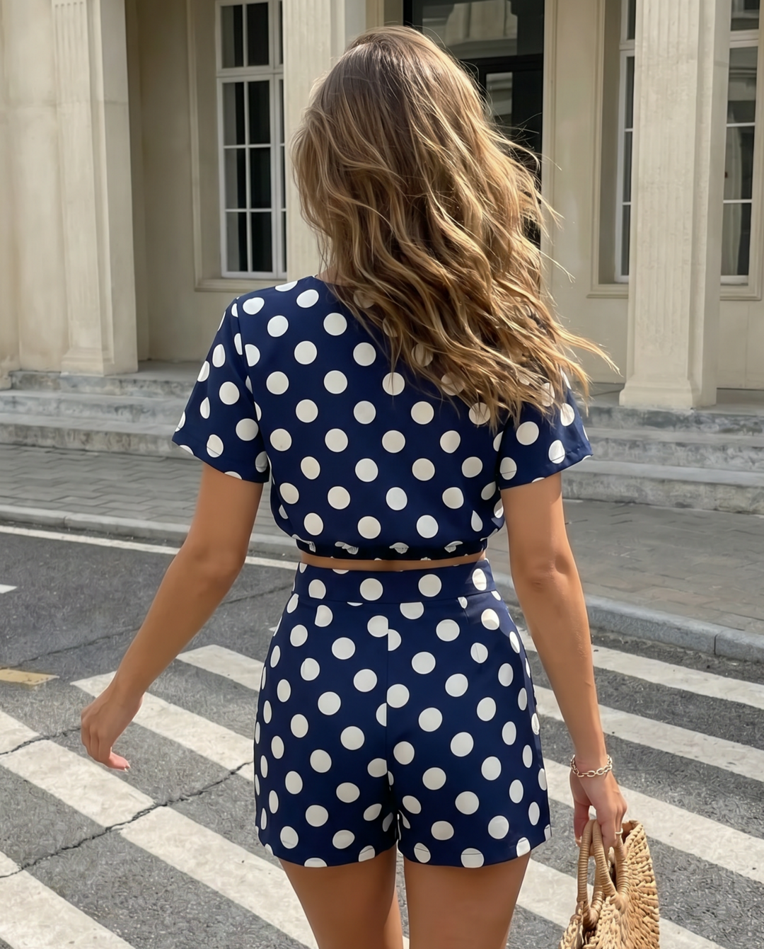 SOLACE  Navy White Polka Dot Crop Top Shorts Set 