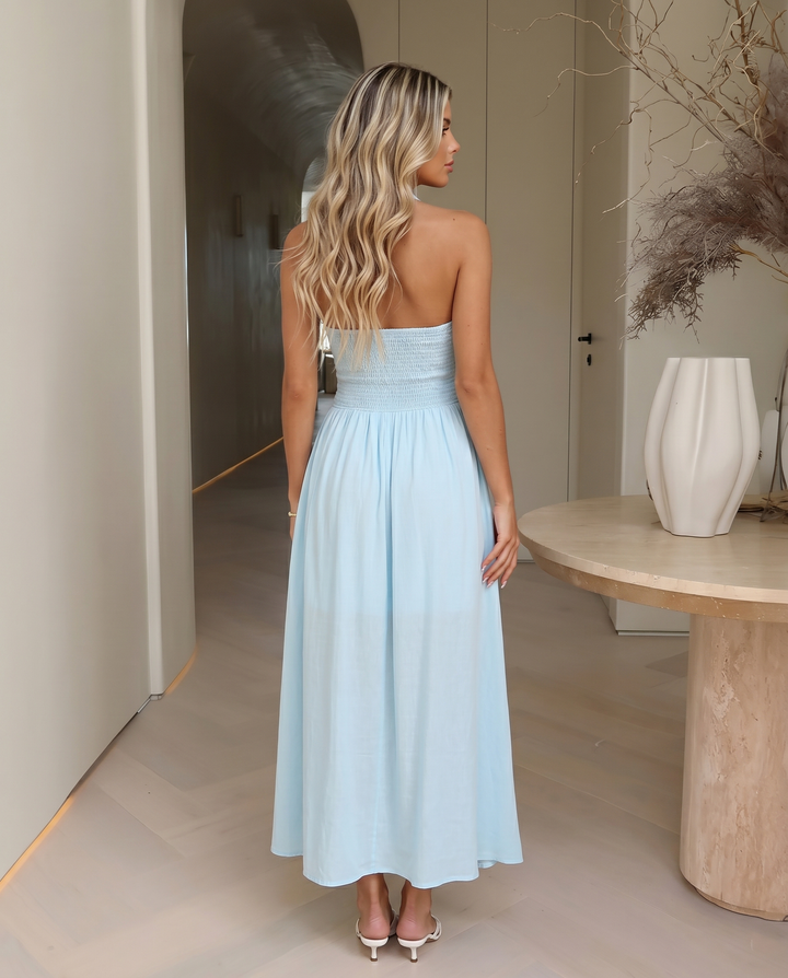 Light Blue Halter V Neck Drawstring Ruched Flowy Midi Dress