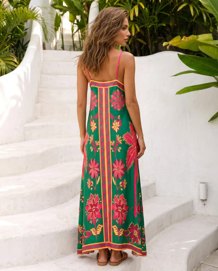 SOLACE  Green Tropical Floral Print Spaghetti Strap Maxi Dress 