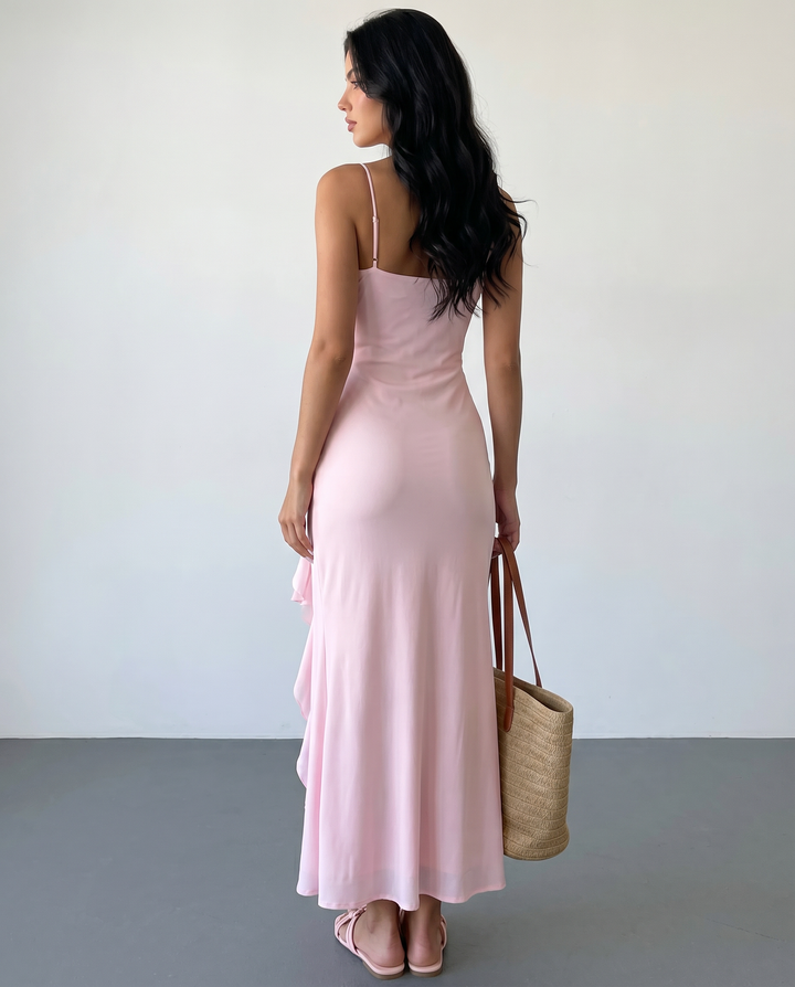 Pink Satin Spaghetti Strap Ruffle Mermaid Maxi Dress