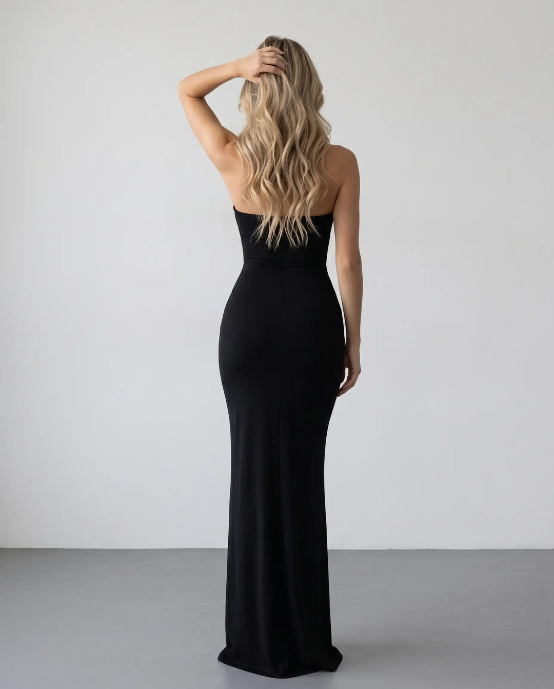 SOLACE  Black Strapless Ruched Draped Mermaid Maxi Dress 
