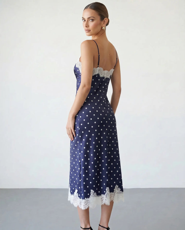 SOLACE  Navy Blue Polka Dot Lace Trim Satin Slip Midi Dress 
