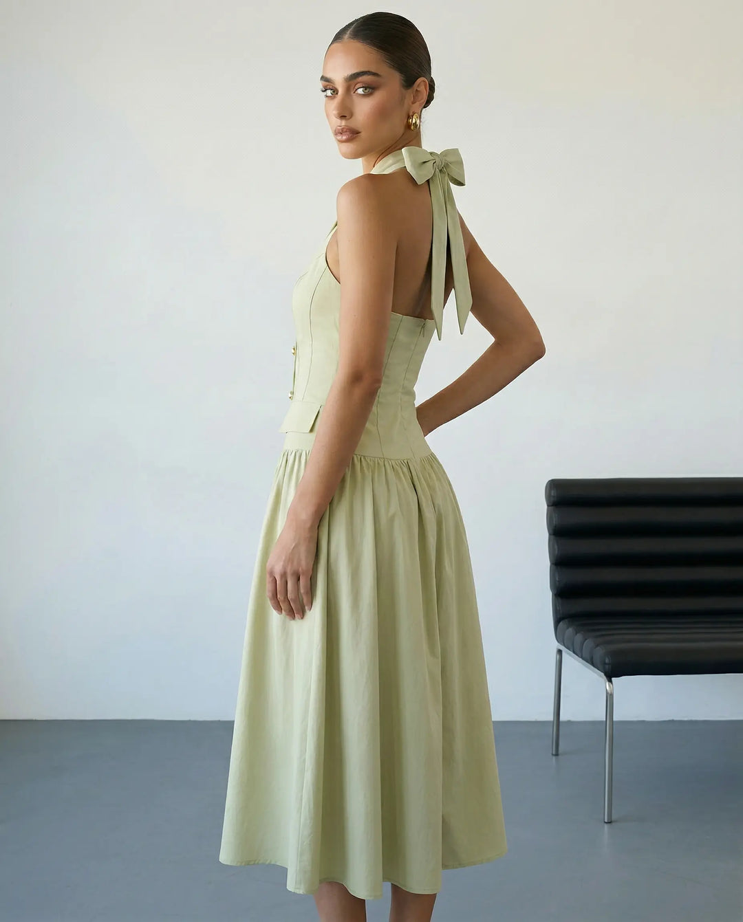 SOLACE  Light Green Halter Neck Bow Back Midi Dress 