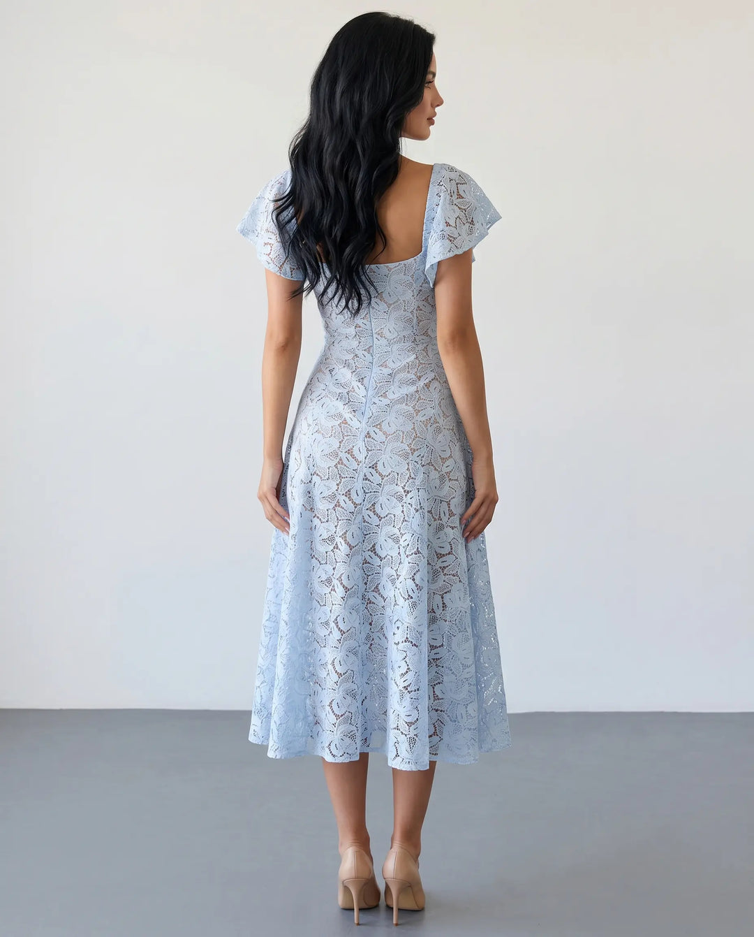 SOLACE  Sky Blue Floral Lace Fitted Waist Midi Dress 
