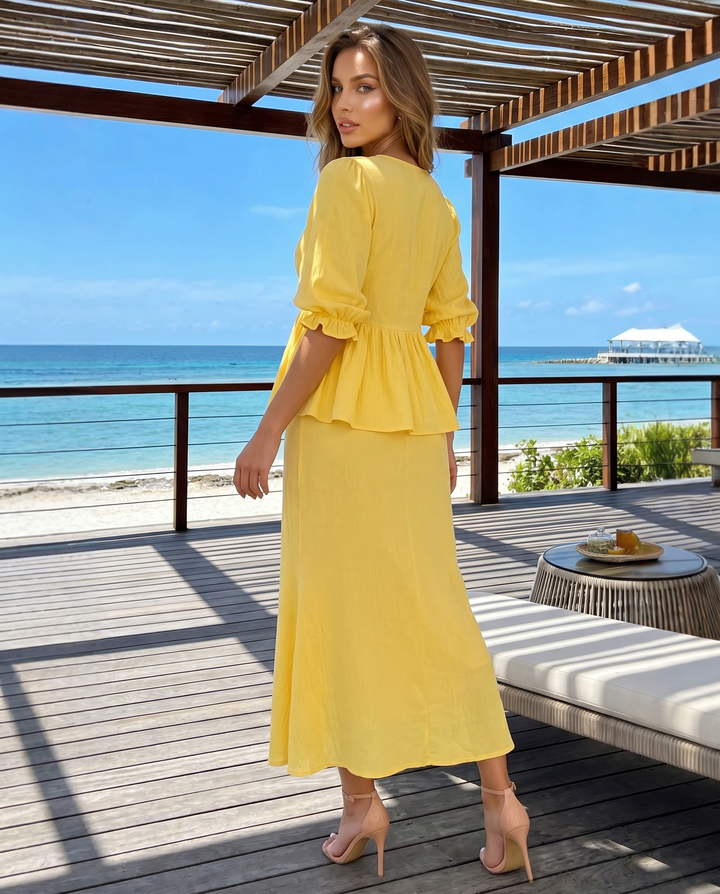 Yellow V Neck Double Front Tie Puff Sleeve Top Midi Skirt Two Piece Set